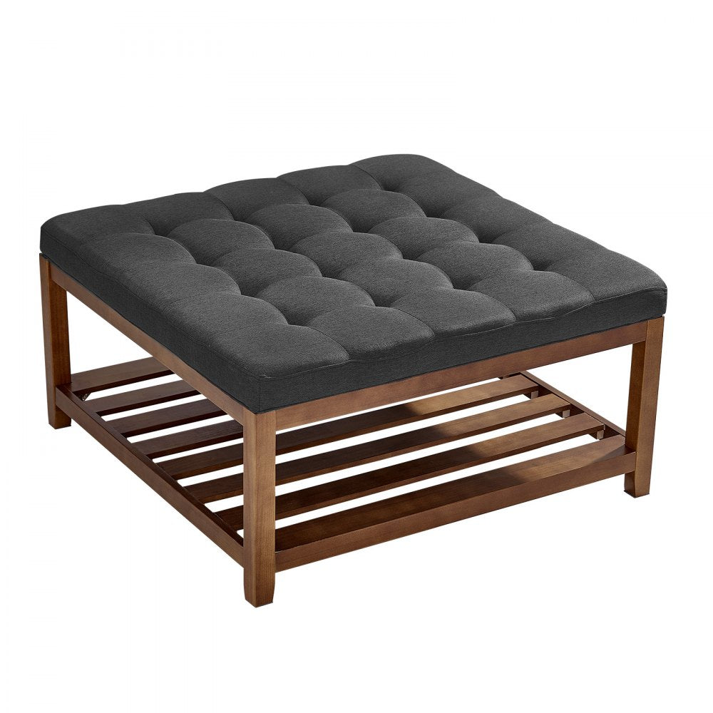 VEVOR Large Square Ottoman Coffee Table, 34.5 Inch Tufted Coffee Table with Solid Wood Shelf Storage, Linen Solid Upholstered Footrest Ottoman for Bedroom Living Room, 400 LBS, Dark Gray