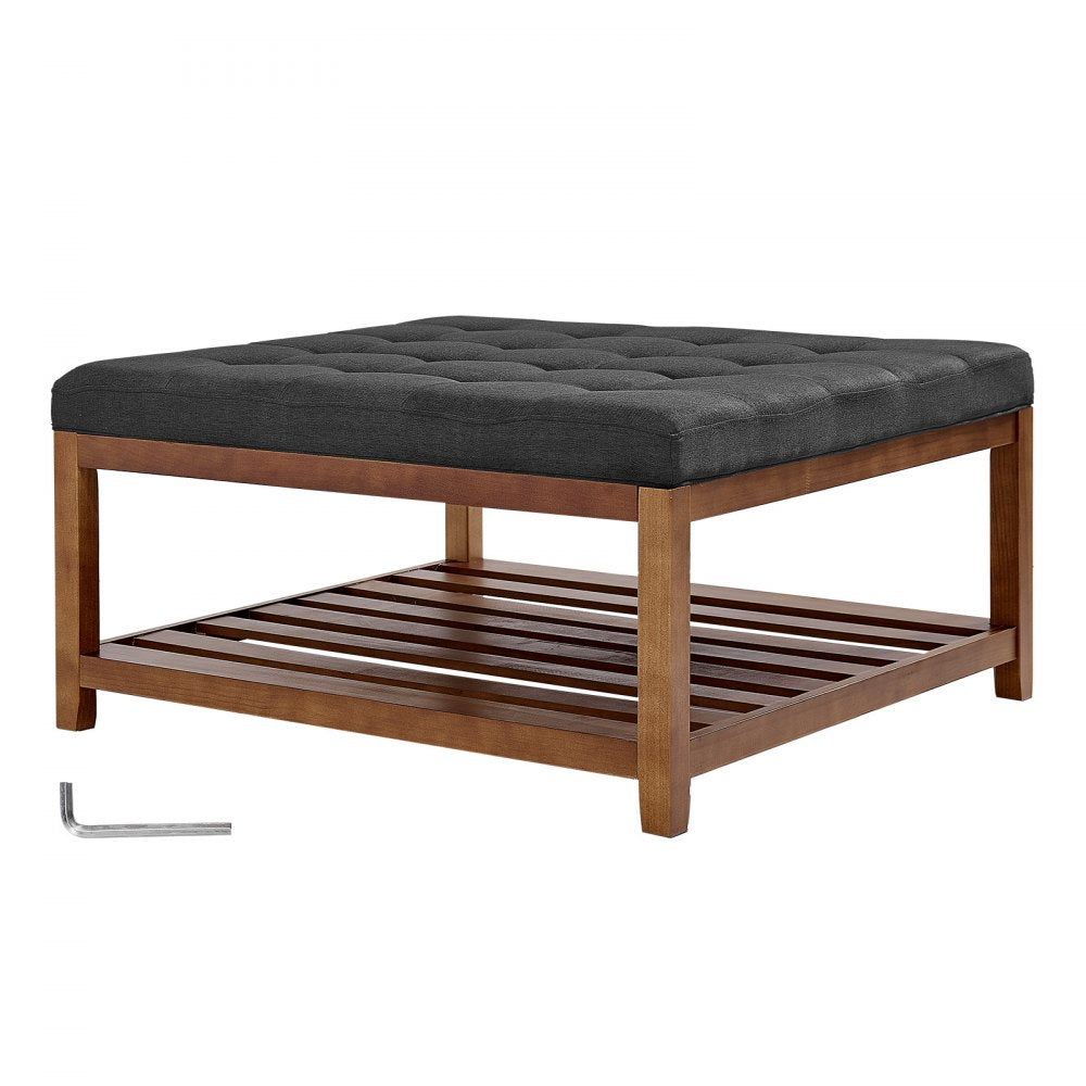 VEVOR Large Square Ottoman Coffee Table, 34.5 Inch Tufted Coffee Table with Solid Wood Shelf Storage, Linen Solid Upholstered Footrest Ottoman for Bedroom Living Room, 400 LBS, Dark Gray