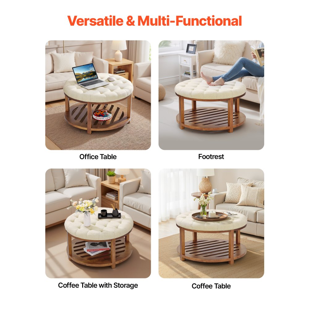 VEVOR Large Round Ottoman Coffee Table, 31.9 Inch Tufted Coffee Table with Solid Wood Shelf Storage, Linen Solid Upholstered Footrest Ottoman for Bedroom Living Room, 350 LBS, Linen Color