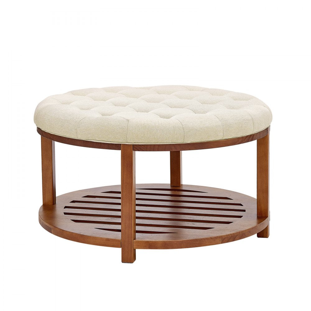 VEVOR Large Round Ottoman Coffee Table, 31.9 Inch Tufted Coffee Table with Solid Wood Shelf Storage, Linen Solid Upholstered Footrest Ottoman for Bedroom Living Room, 350 LBS, Linen Color