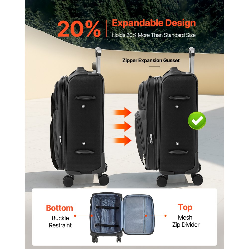 VEVOR Softside Expandable Luggage with Spinner Wheels, 20-Inch Softside Carry on Luggage, Lightweight Checked Suitcase with Expandable Zippered Pocket and TSA Lock, Black