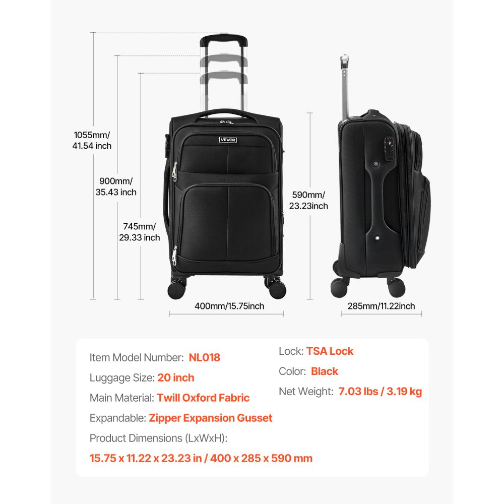 VEVOR Softside Expandable Luggage with Spinner Wheels, 20-Inch Softside Carry on Luggage, Lightweight Checked Suitcase with Expandable Zippered Pocket and TSA Lock, Black
