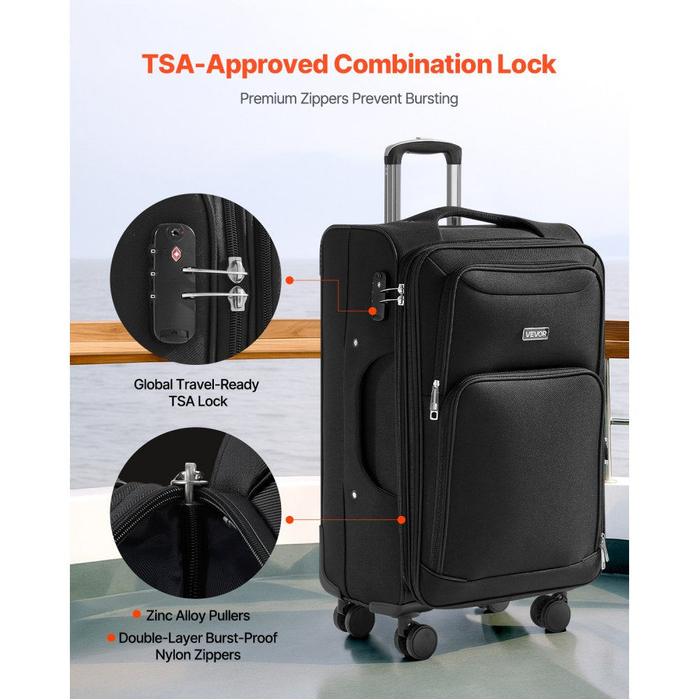 VEVOR Softside Expandable Luggage with Spinner Wheels, 24-Inch Softside Checked Medium Luggage, Lightweight Checked Suitcase with Expandable Zippered Pocket and TSA Lock, Black