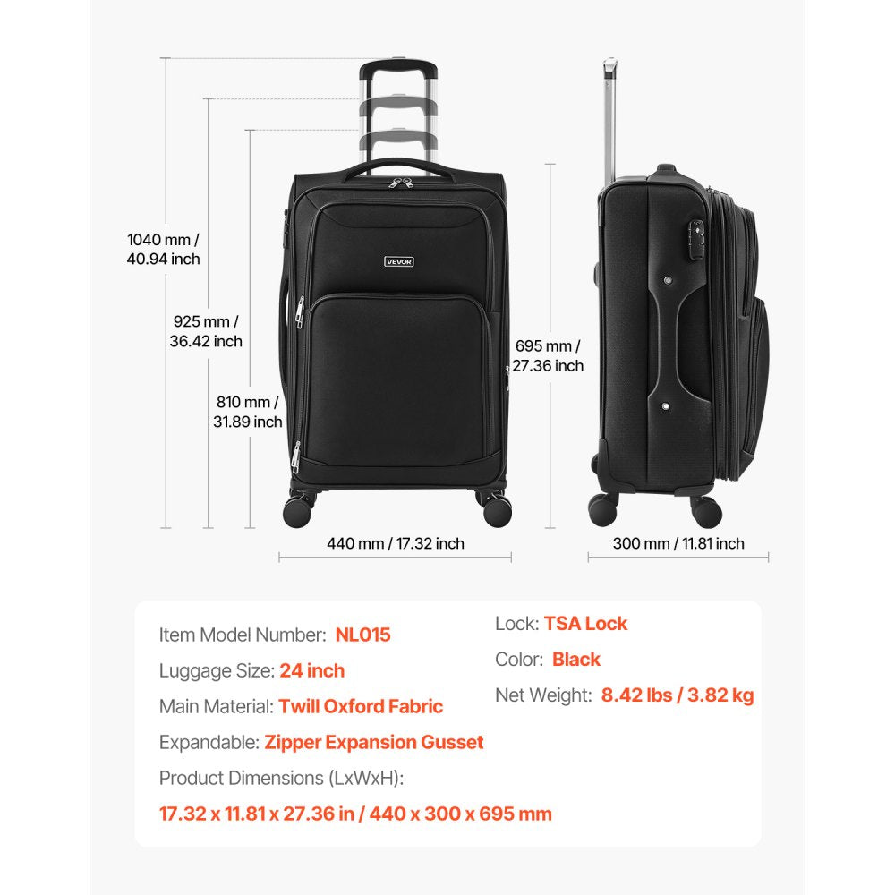 VEVOR Softside Expandable Luggage with Spinner Wheels, 24-Inch Softside Checked Medium Luggage, Lightweight Checked Suitcase with Expandable Zippered Pocket and TSA Lock, Black