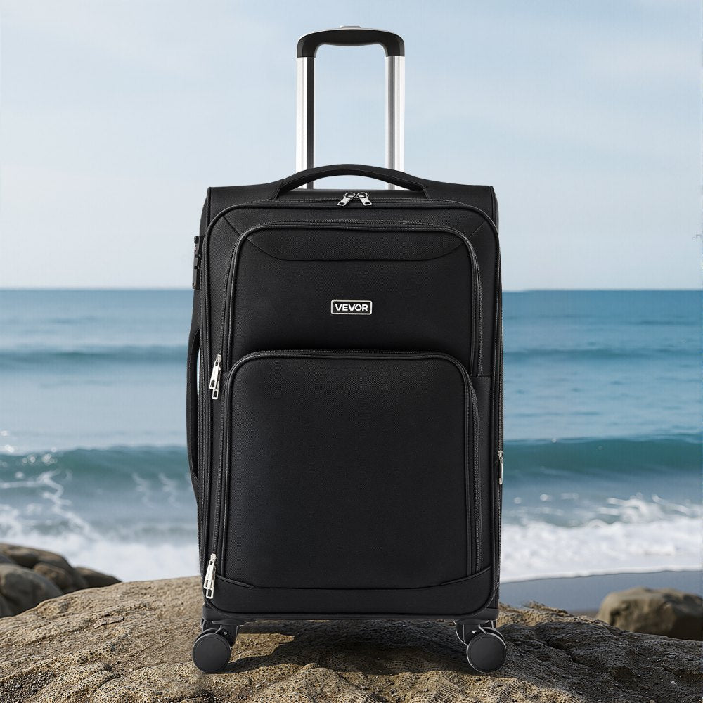 VEVOR Softside Expandable Luggage with Spinner Wheels, 24-Inch Softside Checked Medium Luggage, Lightweight Checked Suitcase with Expandable Zippered Pocket and TSA Lock, Black