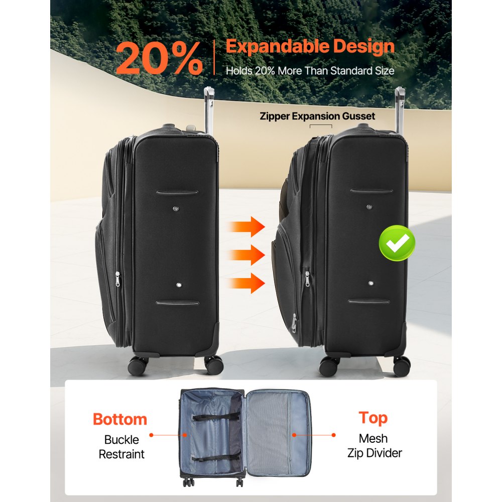VEVOR Softside Expandable Luggage with Spinner Wheels, 28-Inch Softside Checked Large Luggage, Lightweight Checked Suitcase with Expandable Zippered Pocket and TSA Lock, Black