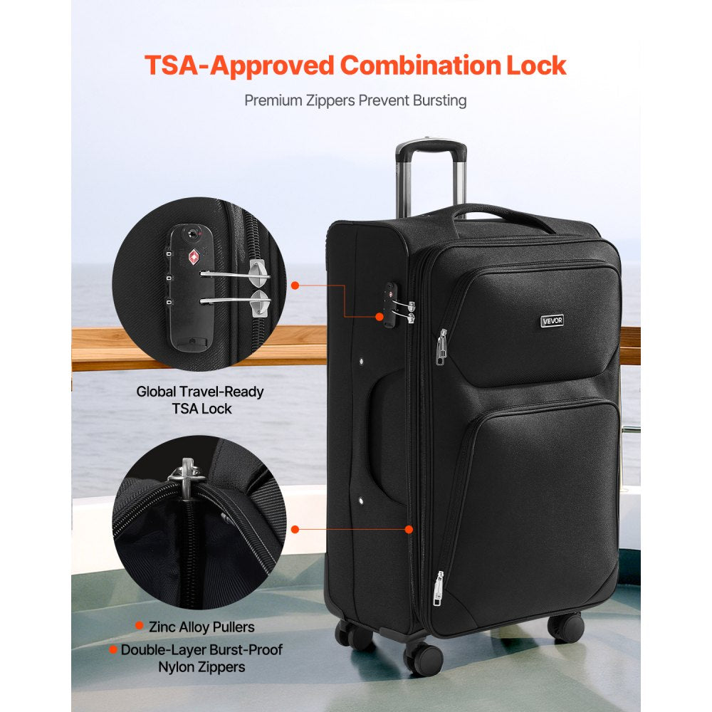 VEVOR Softside Expandable Luggage with Spinner Wheels, 28-Inch Softside Checked Large Luggage, Lightweight Checked Suitcase with Expandable Zippered Pocket and TSA Lock, Black