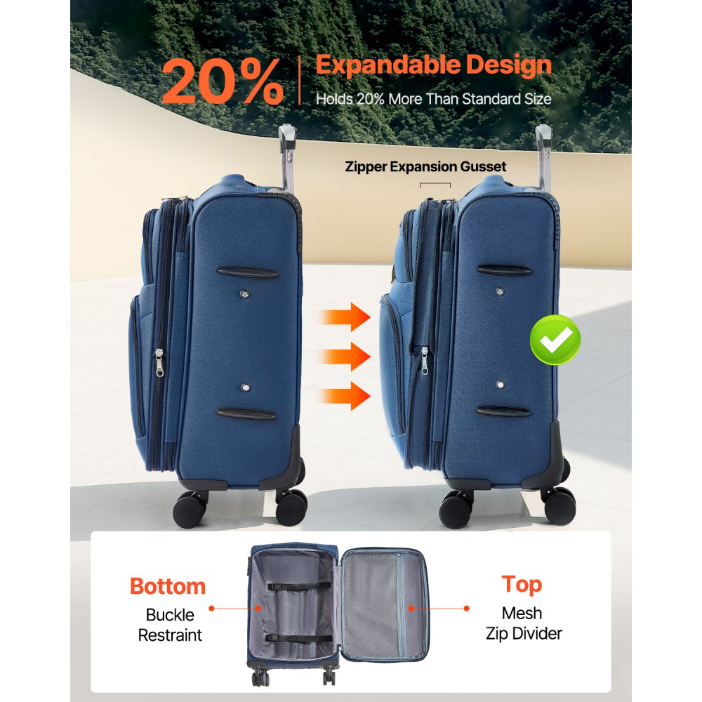 VEVOR Softside Expandable Luggage with Spinner Wheels, 20-Inch Softside Carry on Luggage, Lightweight Checked Suitcase with Expandable Zippered Pocket and TSA Lock, Blue