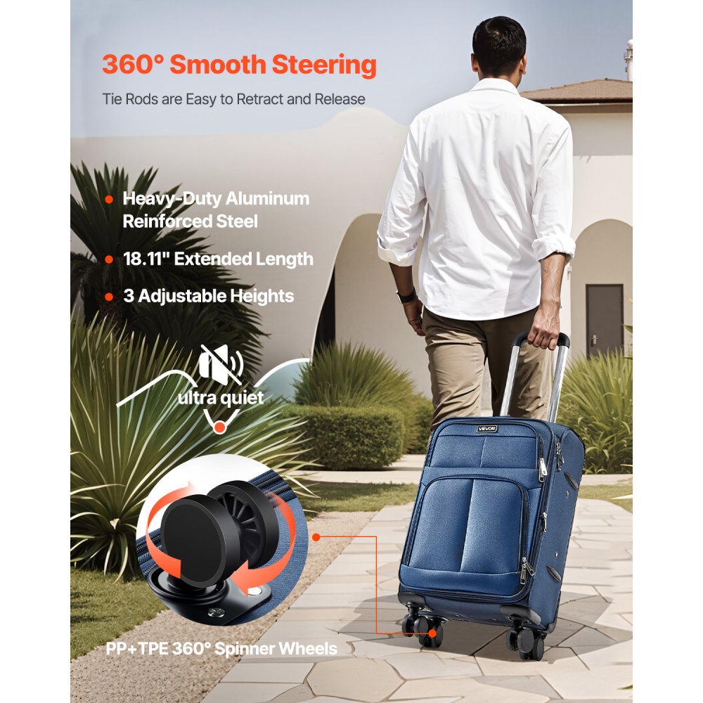 VEVOR Softside Expandable Luggage with Spinner Wheels, 20-Inch Softside Carry on Luggage, Lightweight Checked Suitcase with Expandable Zippered Pocket and TSA Lock, Blue