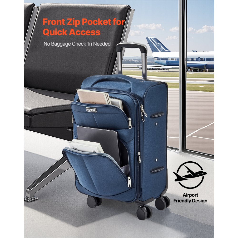 VEVOR Softside Expandable Luggage with Spinner Wheels, 20-Inch Softside Carry on Luggage, Lightweight Checked Suitcase with Expandable Zippered Pocket and TSA Lock, Blue