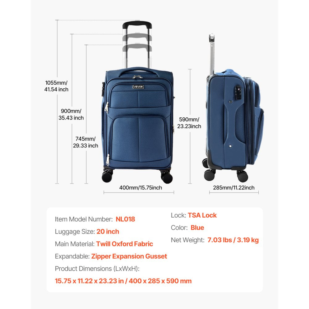 VEVOR Softside Expandable Luggage with Spinner Wheels, 20-Inch Softside Carry on Luggage, Lightweight Checked Suitcase with Expandable Zippered Pocket and TSA Lock, Blue