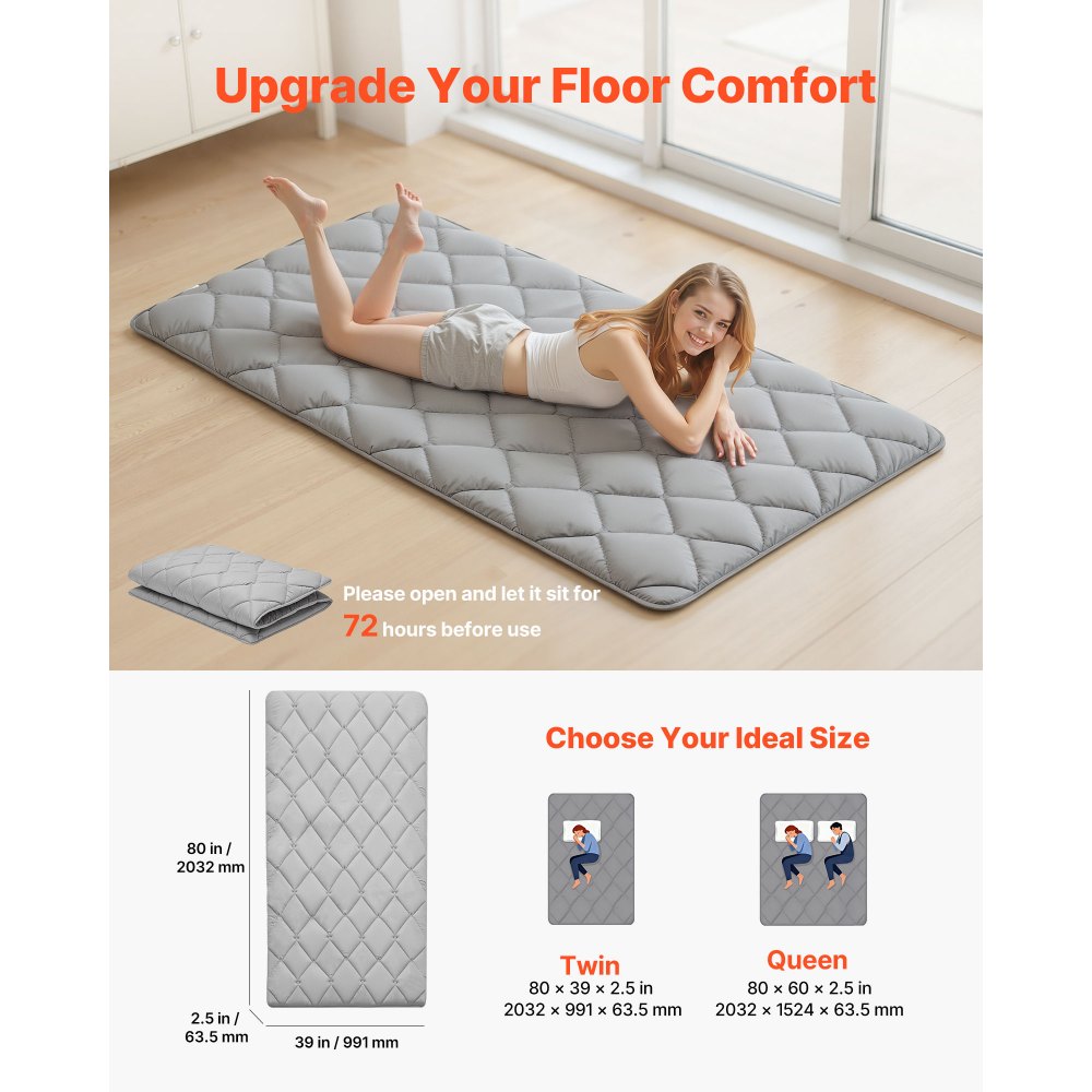 VEVOR Japanese Tatami Mat, Twin Size Foldable Japanese Tatami Mattress, Futon Mattress with Storage Bag & Fastener, 9-Layer Floor Mat for Sleeping, Dormitory, Meditation, Yoga, 80 x 39 x 2.5 in, Gray