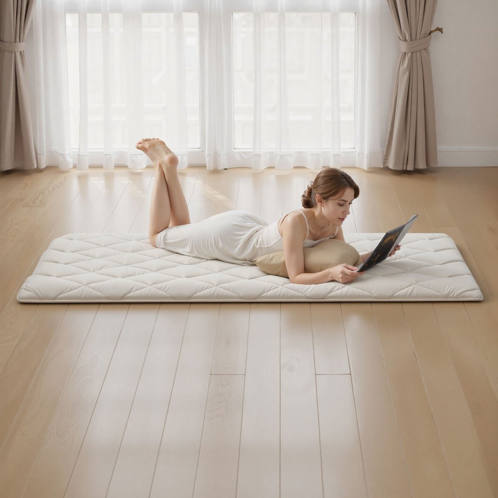 VEVOR Japanese Tatami Mat, Twin Size Foldable Japanese Tatami Mattress, Futon Mattress with Storage Bag & Fastener, 9-Layer Floor Mat for Sleeping, Dormitory, Meditation, Yoga, 80 x 39 x 2.5 in, White