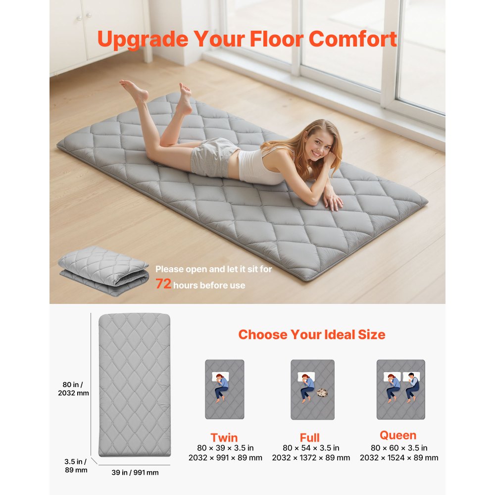 VEVOR Japanese Tatami Mat, Twin Size Foldable Japanese Tatami Mattress, Futon Mattress with Storage Bag & Fastener, 9-Layer Floor Mat for Sleeping, Dormitory, Meditation, Yoga, 80 x 39 x 3.5 in, Gray
