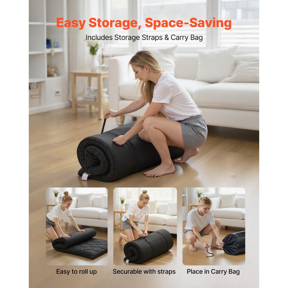 VEVOR Japanese Tatami Mat, Twin Size Foldable Japanese Tatami Mattress, Futon Mattress with Storage Bag & Fastener, 9-Layer Floor Mat for Sleeping, Dormitory, Meditation, Yoga, 80 x 39 x 3.5 in, Black