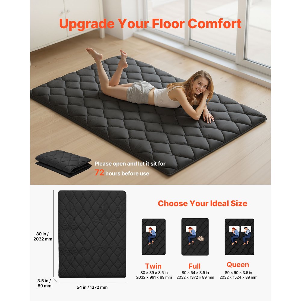 VEVOR Japanese Tatami Mat, Full Size Foldable Japanese Tatami Mattress, Futon Mattress with Storage Bag & Fastener, 9-Layer Floor Mat for Sleeping, Dormitory, Meditation, Yoga, 80 x 54 x 3.5 in, Black