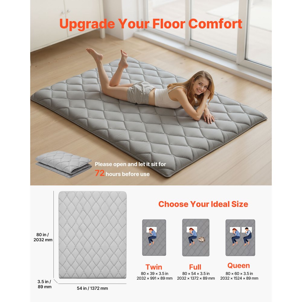VEVOR Japanese Tatami Mat, Full Size Foldable Japanese Tatami Mattress, Futon Mattress with Storage Bag & Fastener, 9-Layer Floor Mat for Sleeping, Dormitory, Meditation, Yoga, 80 x 54 x 3.5 in, Gray