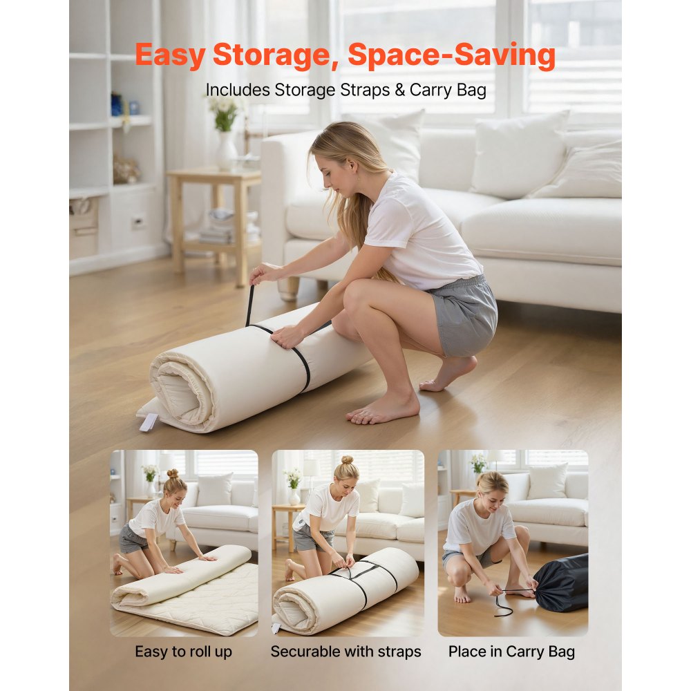 VEVOR Japanese Tatami Mat, Queen Size Foldable Japanese Tatami Mattress, Futon Mattress with Storage Bag & Fastener, 9-Layer Floor Mat for Sleeping, Dormitory, Meditation, Yoga, 80 x 60 x 2.5 in, White