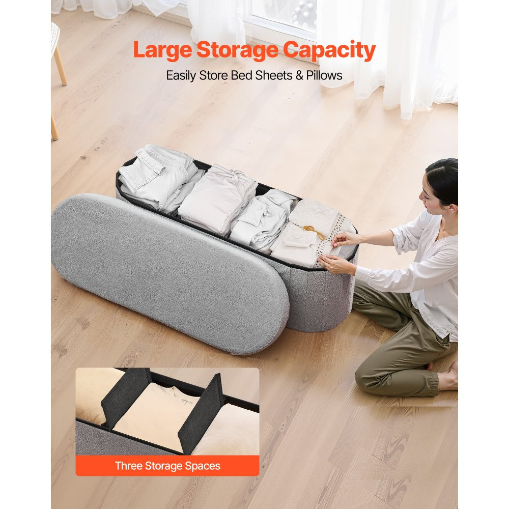 VEVOR Oval Storage Ottoman Bench, Foldable Teddy Fleece End of Bed Bench, Folding Upholstered Bed Ottoman Chest with Large Storage Space, Supports 660 lbs, for Living Room, Bedroom, Entryway, Grey