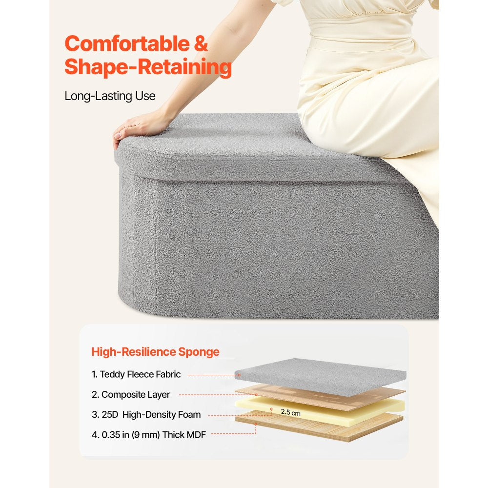 VEVOR Oval Storage Ottoman Bench, Foldable Teddy Fleece End of Bed Bench, Folding Upholstered Bed Ottoman Chest with Large Storage Space, Supports 660 lbs, for Living Room, Bedroom, Entryway, Grey