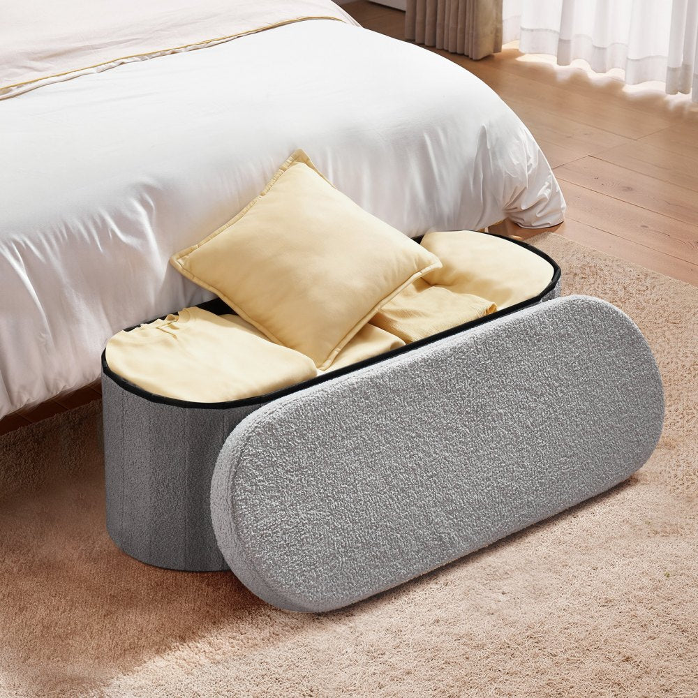 VEVOR Oval Storage Ottoman Bench, Foldable Teddy Fleece End of Bed Bench, Folding Upholstered Bed Ottoman Chest with Large Storage Space, Supports 660 lbs, for Living Room, Bedroom, Entryway, Grey