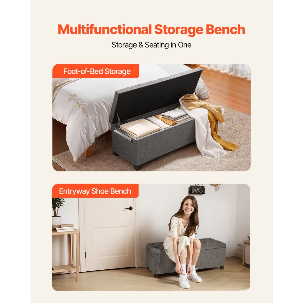 VEVOR Storage Ottoman Bench, Button-Tufted End of Bed Bench with Side Bags, Flip-up Upholstered Storage Chest with Metal Frame, Linen Bed Ottoman for Living Room, Bedroom, Entryway, Office, Grey