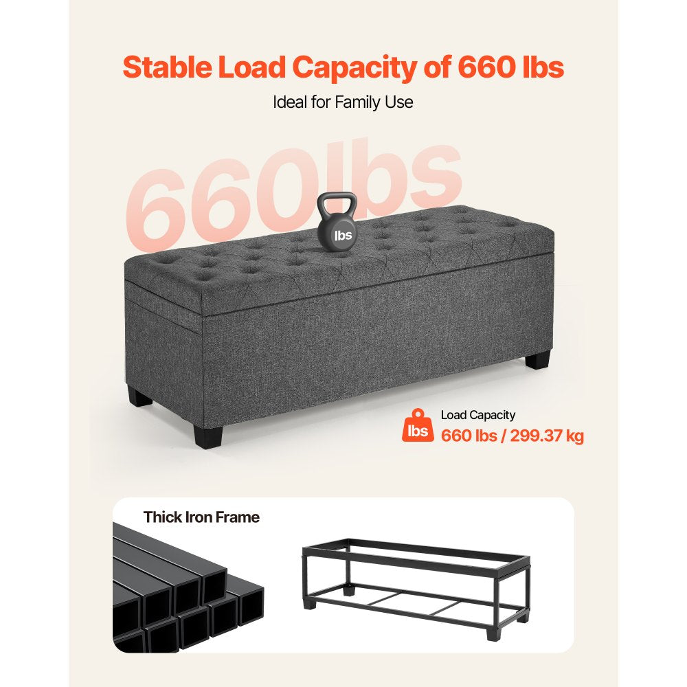 VEVOR Storage Ottoman Bench, Button-Tufted End of Bed Bench with Side Bags, Flip-up Upholstered Storage Chest with Metal Frame, Linen Bed Ottoman for Living Room, Bedroom, Entryway, Office, Grey