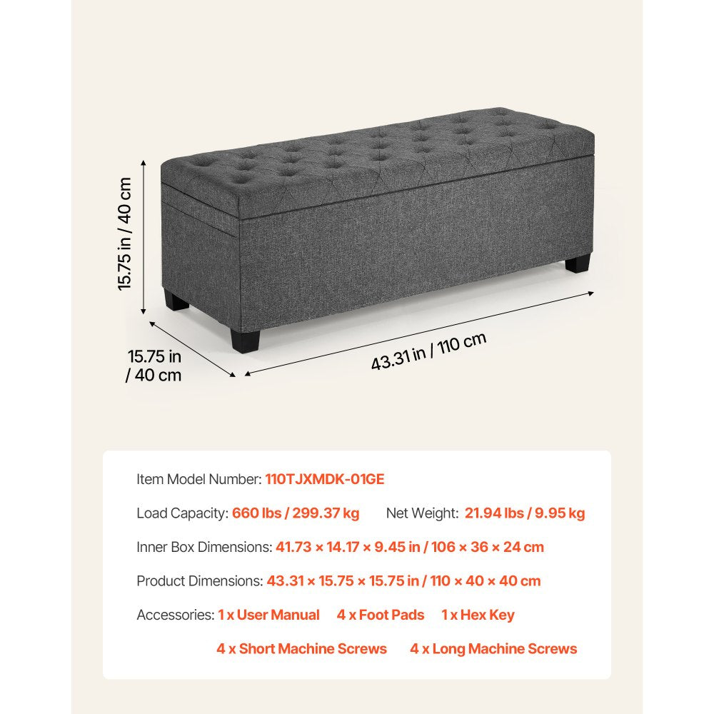 VEVOR Storage Ottoman Bench, Button-Tufted End of Bed Bench with Side Bags, Flip-up Upholstered Storage Chest with Metal Frame, Linen Bed Ottoman for Living Room, Bedroom, Entryway, Office, Grey