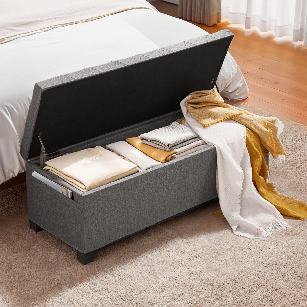 VEVOR Storage Ottoman Bench, Button-Tufted End of Bed Bench with Side Bags, Flip-up Upholstered Storage Chest with Metal Frame, Linen Bed Ottoman for Living Room, Bedroom, Entryway, Office, Grey