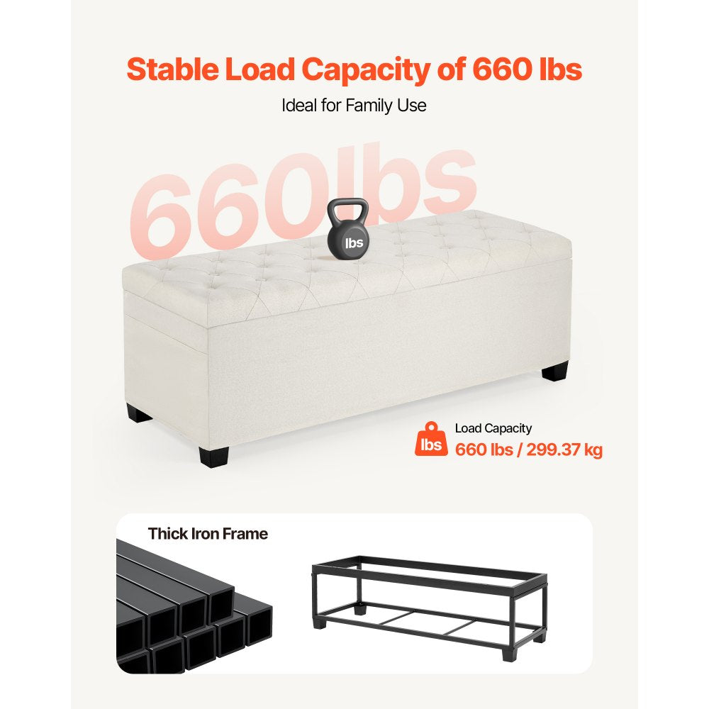 VEVOR Storage Ottoman Bench, Button-Tufted End of Bed Bench with Side Bags, Flip-up Upholstered Storage Chest with Metal Frame, Linen Bed Ottoman for Living Room, Bedroom, Entryway, Office, Beige