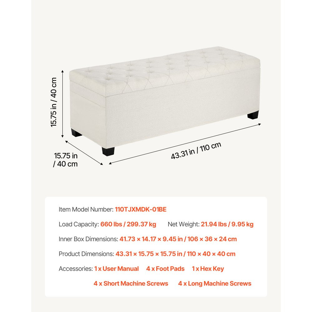 VEVOR Storage Ottoman Bench, Button-Tufted End of Bed Bench with Side Bags, Flip-up Upholstered Storage Chest with Metal Frame, Linen Bed Ottoman for Living Room, Bedroom, Entryway, Office, Beige