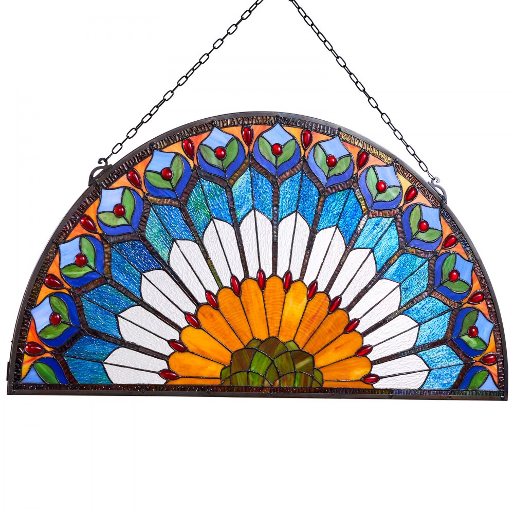 VEVOR Stained Glass Window Panel, 36 x 18 in, Tiffany Style Hanging Transom Window Panel with Chain, Large Half-Round Stain Glass Hanging, Vintage Traditional Art Handcrafts for Kitchen Home Decor