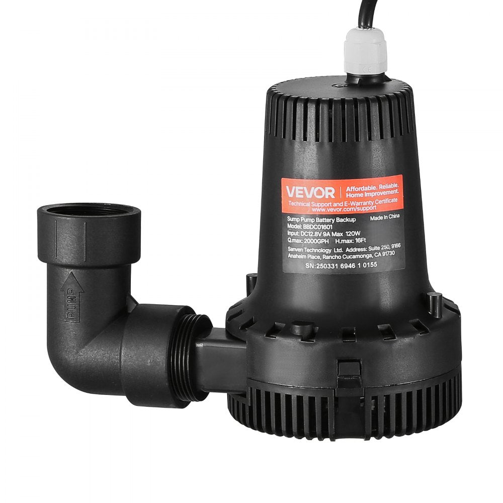 VEVOR Basement Emergency Back-Up Sump Pump, 2000GPH 0.17 HP Backup Sump Pump System, with 15V Adapter, Float Switch, 24-Hour-a-Day Monitoring Controller, Alerts, and Charger, Black