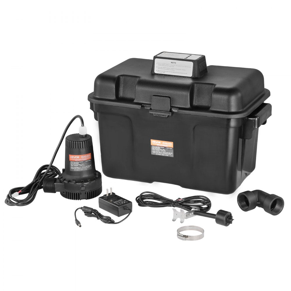 VEVOR Basement Emergency Back-Up Sump Pump, 2000GPH 0.17 HP Backup Sump Pump System, with 15V Adapter, Float Switch, 24-Hour-a-Day Monitoring Controller, Alerts, and Charger, Black