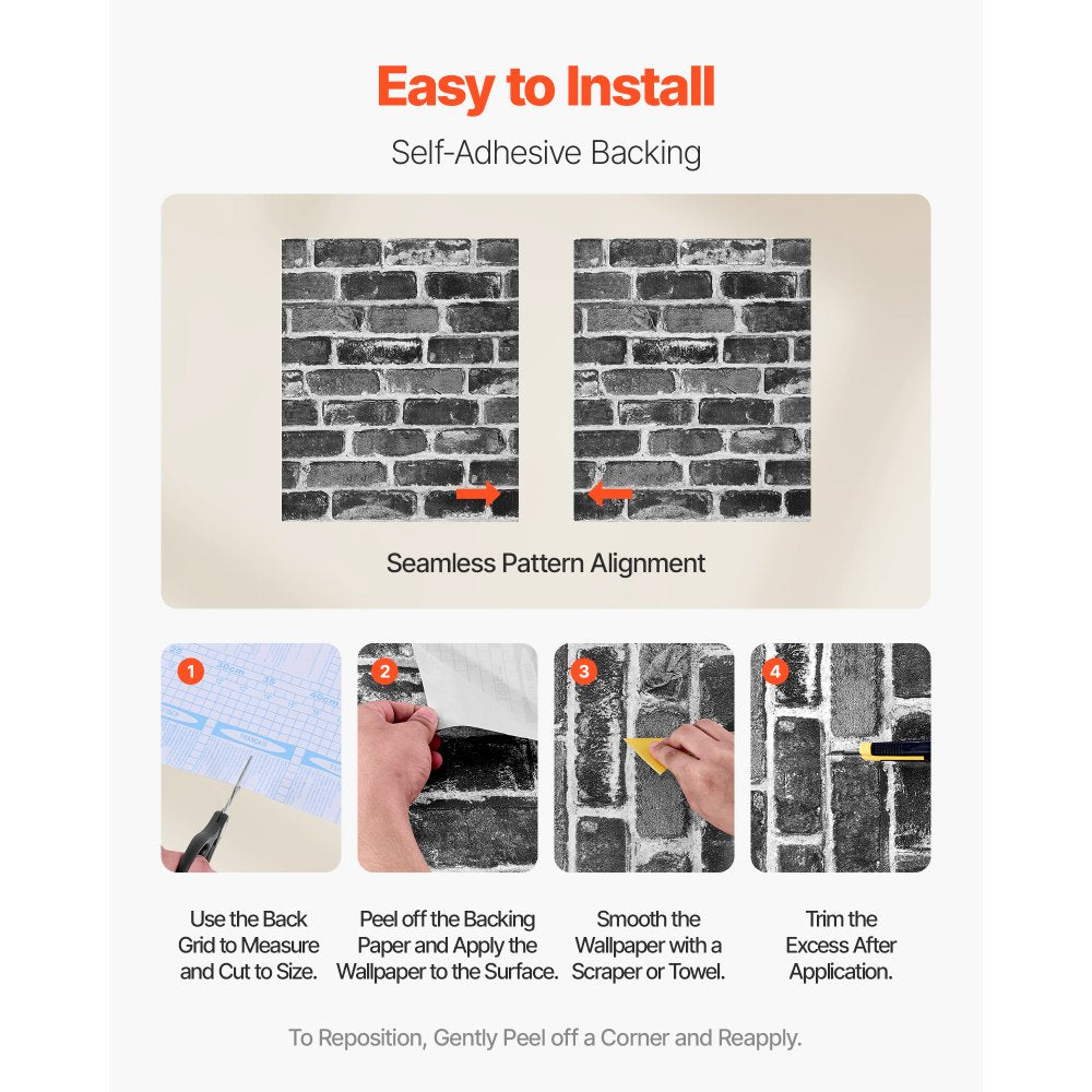 VEVOR Peel and Stick Wallpaper, 17.7 x 393.7 inch Contact Paper Gray Brick Waterpoof Self Adhesive, Easy to Clean & Peel Wall Decorative Vinyl Roll for Bedroom Kitchen Bathroom Office Desk