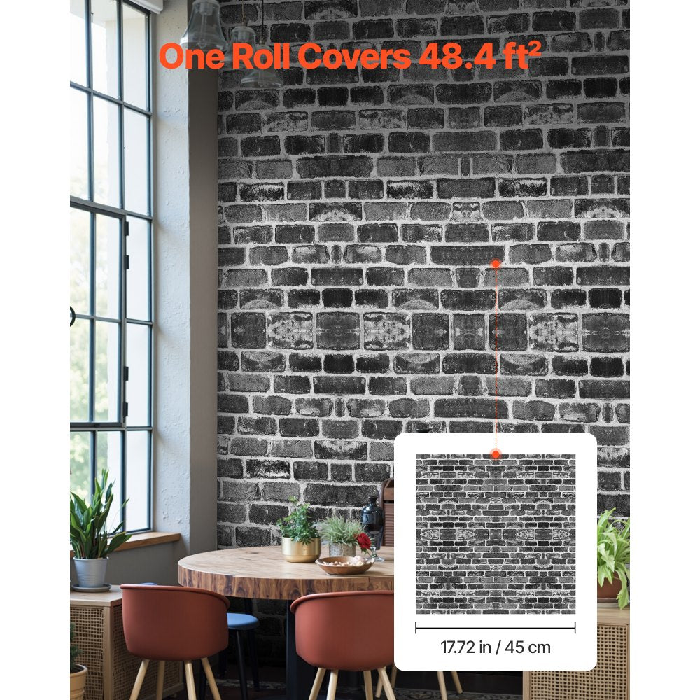 VEVOR Peel and Stick Wallpaper, 17.7 x 393.7 inch Contact Paper Gray Brick Waterpoof Self Adhesive, Easy to Clean & Peel Wall Decorative Vinyl Roll for Bedroom Kitchen Bathroom Office Desk