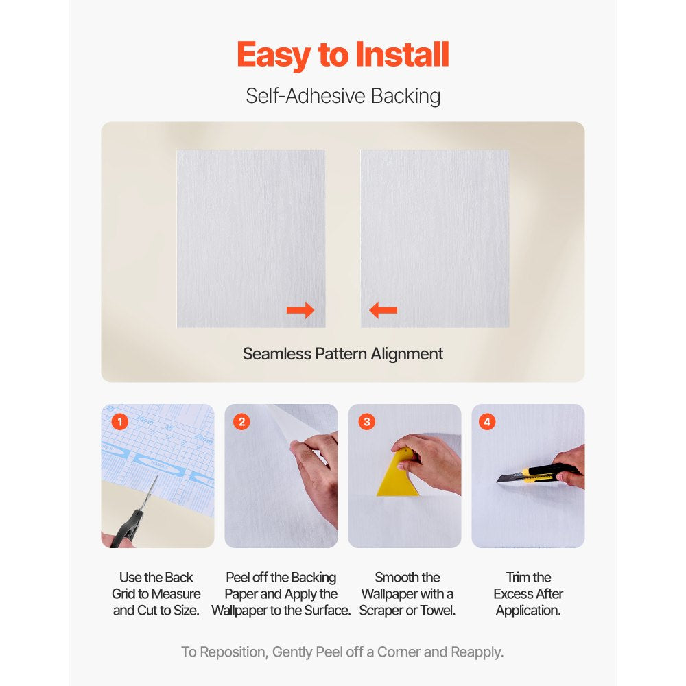 VEVOR Peel and Stick Wallpaper, 17.7 x 393.7 inch Contact Paper White Wood Grain Waterpoof Self Adhesive, Easy to Clean & Peel Wall Decorative Vinyl Roll for Bedroom Kitchen Bathroom Desk Office