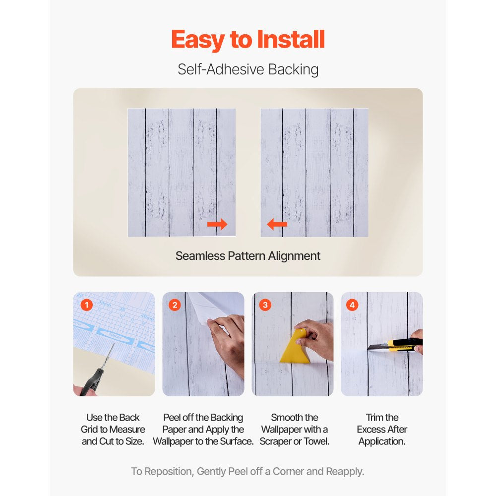 VEVOR Peel and Stick Wallpaper, 17.7 x 472.4 inch Contact Paper White Wood Textured Waterpoof Self Adhesive, Easy to Clean & Peel Wall Decorative Vinyl Roll for Bedroom Kitchen Bathroom Office Desk