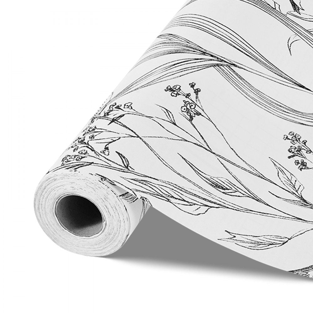 VEVOR Peel and Stick Wallpaper, 17.7 x 393.7 inch Contact Paper White Line Art Botanical Floral Waterpoof Self Adhesive, Easy to Clean Wall Decorative Vinyl Roll for Bedroom Kitchen Bathroom Office