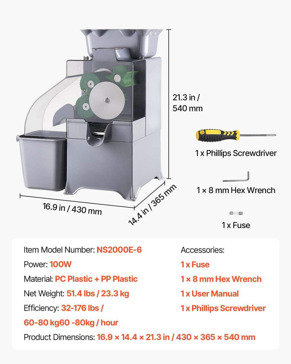VEVOR Commercial Orange Juicer Machine, Slow Masticating Juicer Extractor, 100W Electric Orange Juice Squeezer, Lemon Citrus Pomegranates Extractor, with Peel Collecting Bucket and PC Cover