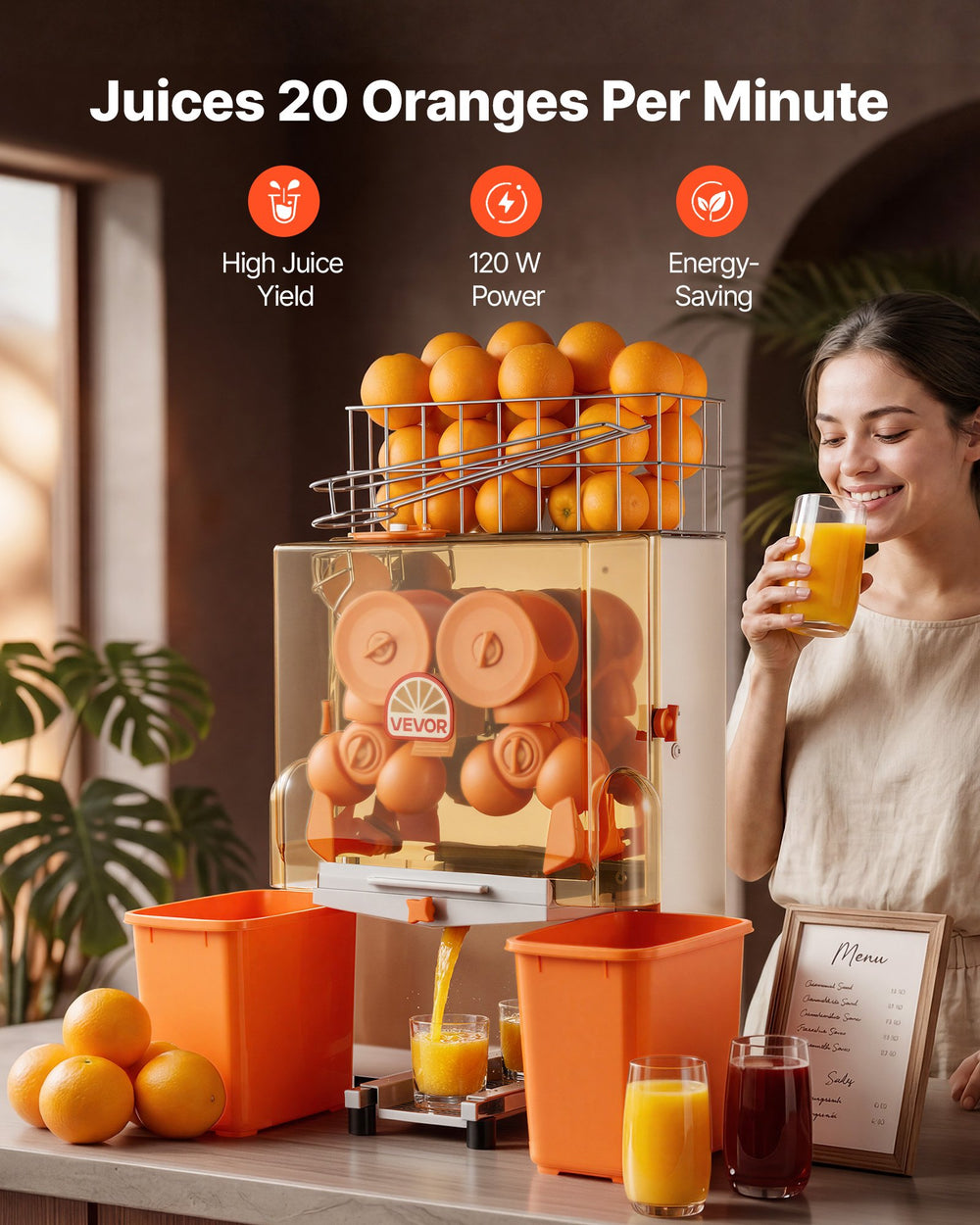 VEVOR Commercial Orange Juicer Machine, 120W Electric Orange Juice Press, Stainless Steel Orange Squeezer for 20 per Minute, Lemon Citrus Pomegranates Extractor with Peels Collecting Bucket