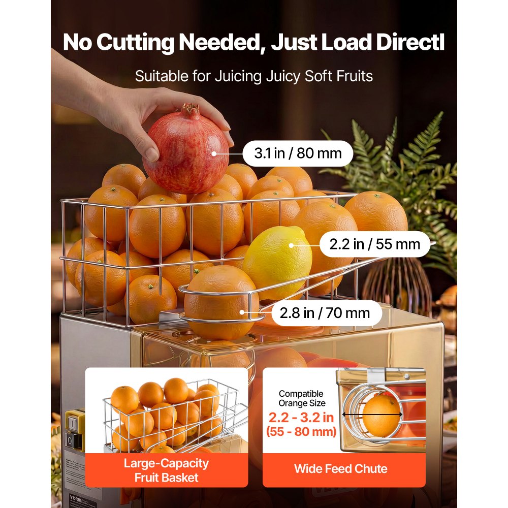 VEVOR Commercial Orange Juicer Machine, 120W Electric Orange Juice Press, Stainless Steel Orange Squeezer for 20 per Minute, Lemon Citrus Pomegranates Extractor with Water Tap, Peels Collecting Bucket