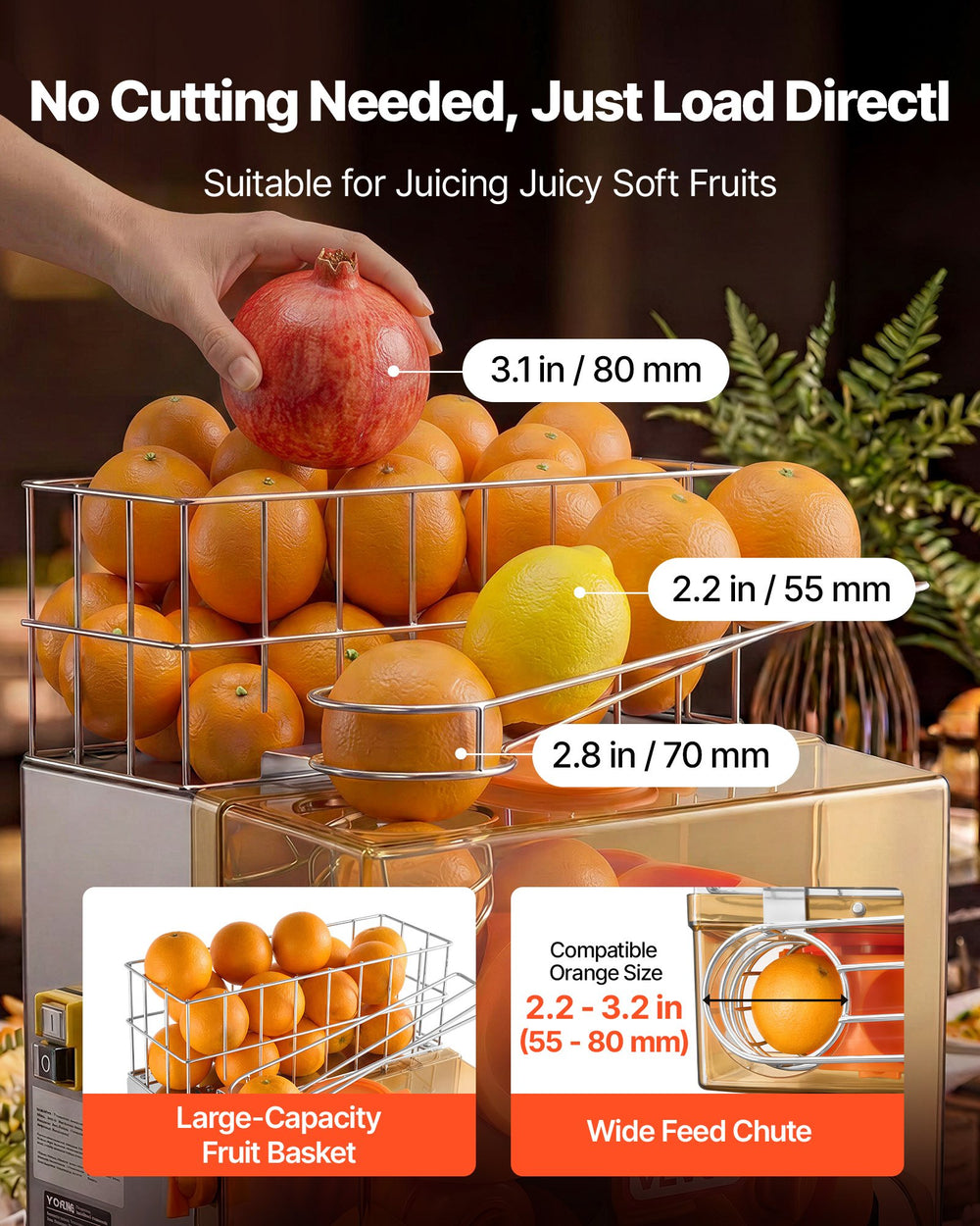VEVOR Commercial Orange Juicer Machine, 120W Electric Orange Juice Press, Stainless Steel Orange Squeezer for 20 per Minute, Lemon Citrus Pomegranates Extractor with Water Tap, Peels Collecting Bucket