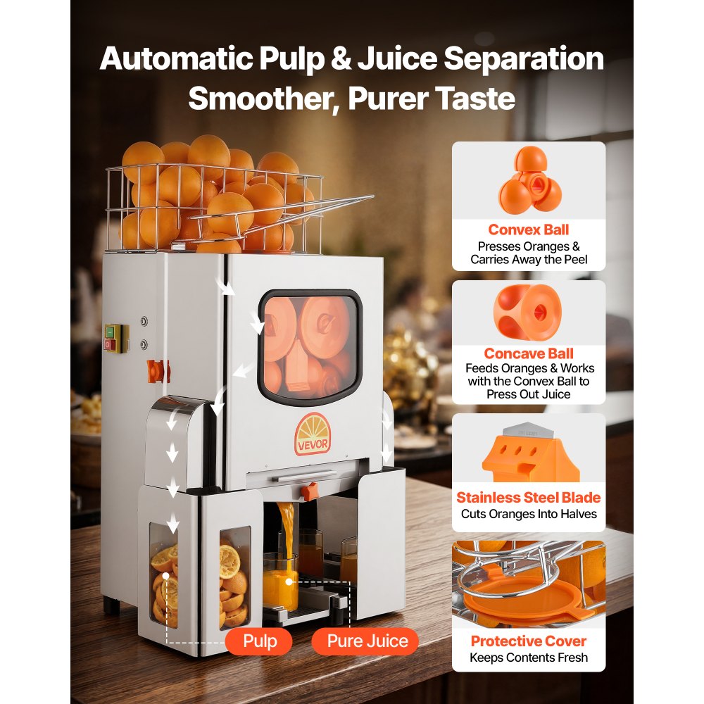VEVOR Commercial Orange Juicer Machine, 120W Electric Orange Juice Press, Stainless Steel Orange Squeezer for 20 per Minute, Lemon Citrus Pomegranates Extractor with Peels Collecting Bucket