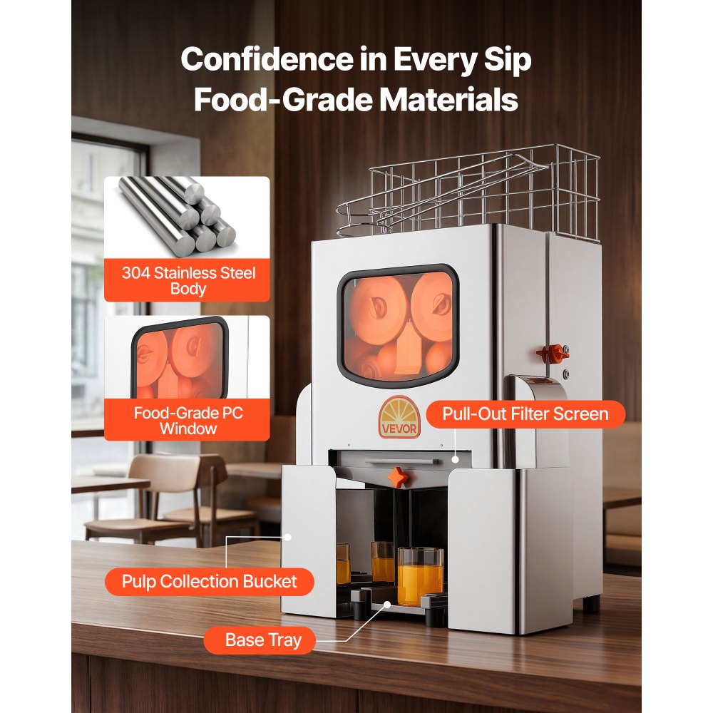 VEVOR Commercial Orange Juicer Machine, 120W Electric Orange Juice Press, Stainless Steel Orange Squeezer for 20 per Minute, Lemon Citrus Pomegranates Extractor with Peels Collecting Bucket