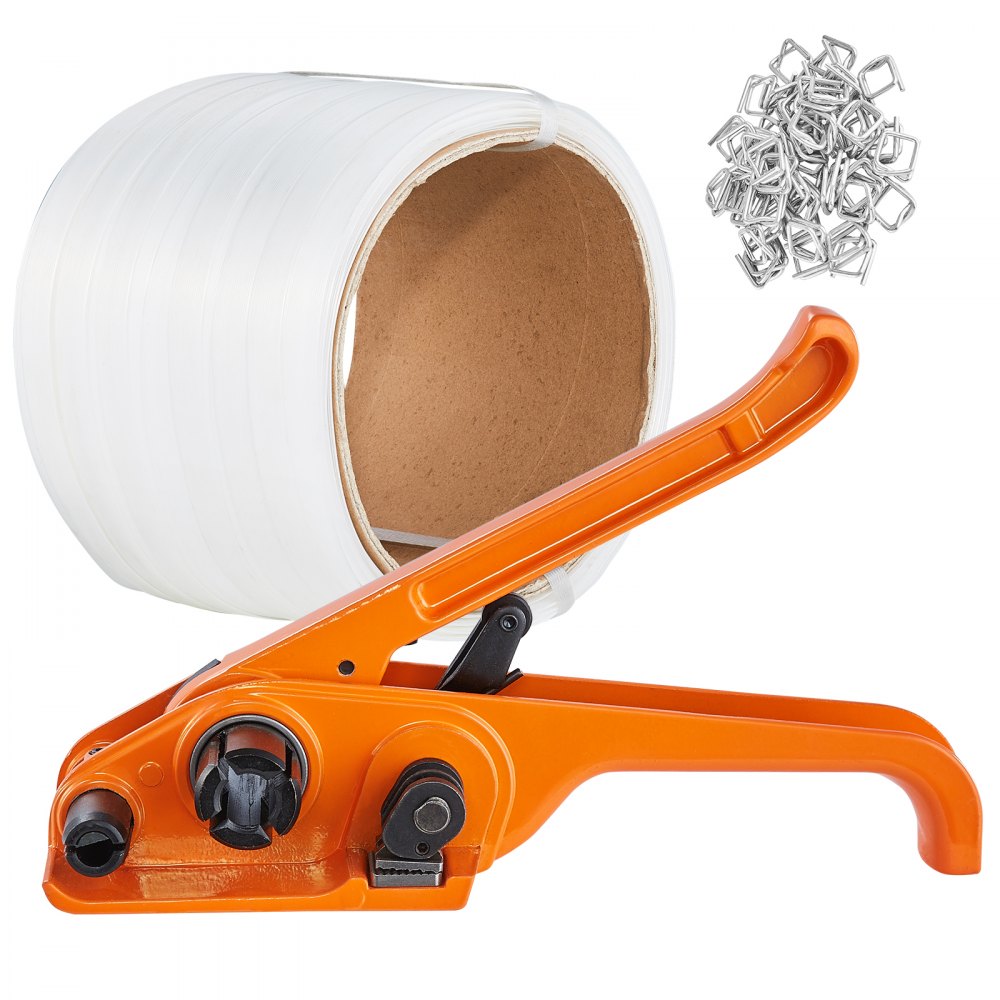 VEVOR Banding Strapping Kit with Strapping Tensioner Tool, 328 ft Length Woven Strapping Cord Band, 100 Metal Seals, Pallet Packaging Strapping Banding Kit, Banding Packaging Strapping for Packing