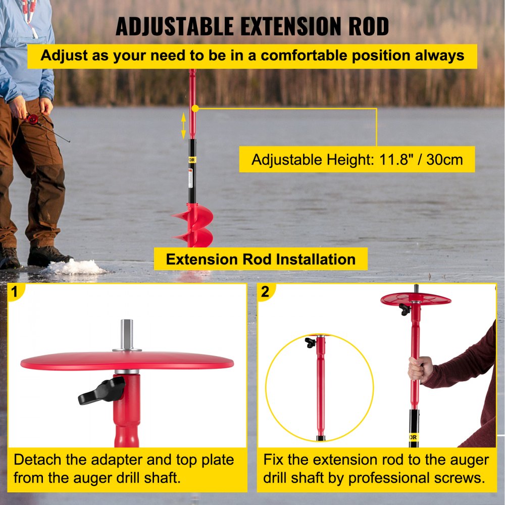 VEVOR Ice Drill Auger, 6\" Diameter Nylon Ice Auger, 39\" Length Ice Auger Bit,Auger Drill with 11.8\" Extension Rod,Auger Bit with Drill Adapter,Top Plate & Blade Guard for Ice Fishing Ice Burrowing