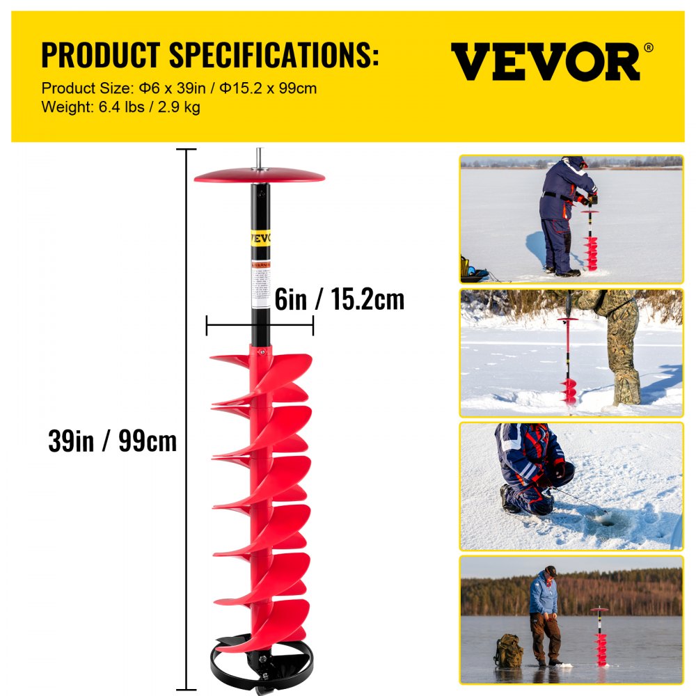 VEVOR Ice Drill Auger, 6\" Diameter Nylon Ice Auger, 39\" Length Ice Auger Bit,Auger Drill with 11.8\" Extension Rod,Auger Bit with Drill Adapter,Top Plate & Blade Guard for Ice Fishing Ice Burrowing