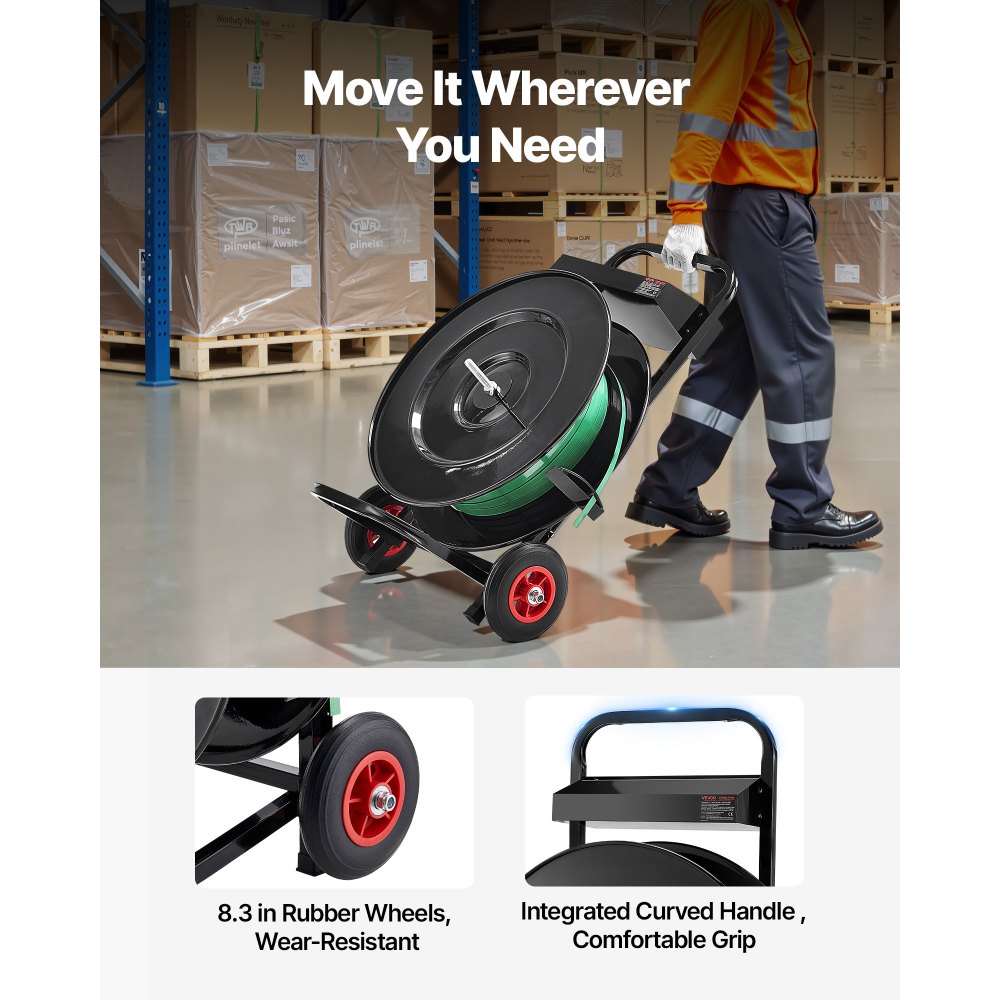VEVOR Banding Strapping Cart, Fit for PET/PP/Polyester Strapping Coils with 8 or 16 in Core Size, Heavy Duty Strapping Dispenser Equipped with Upgrade Brake System, Built-in Spacious Tray for Tools