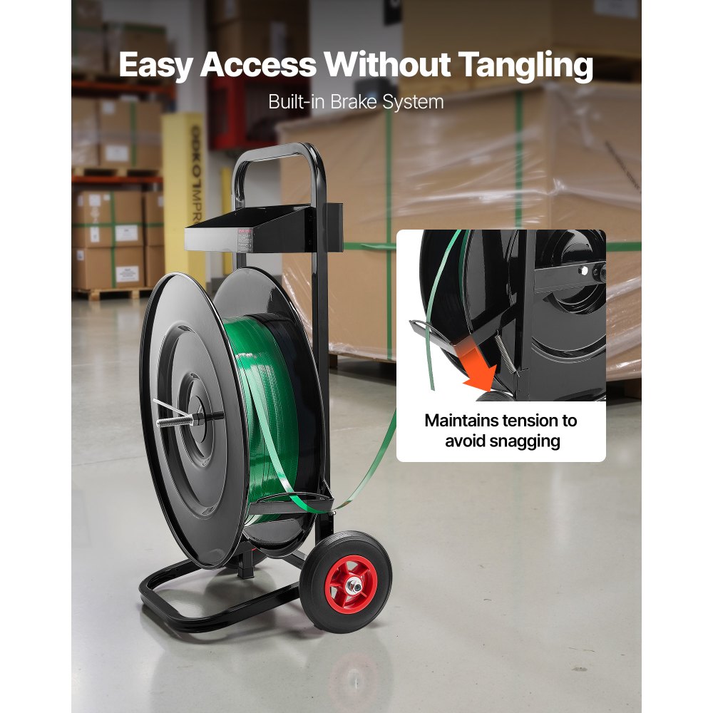VEVOR Banding Strapping Cart, Fit for PET/PP/Polyester Strapping Coils with 8 or 16 in Core Size, Heavy Duty Strapping Dispenser Equipped with Upgrade Brake System, Built-in Spacious Tray for Tools